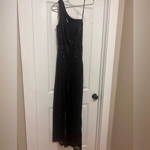 One shoulder sequined, black jumpsuit